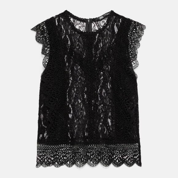 Zara black contrast lace ruffle semi sheer blouse - Picture 4 of 12